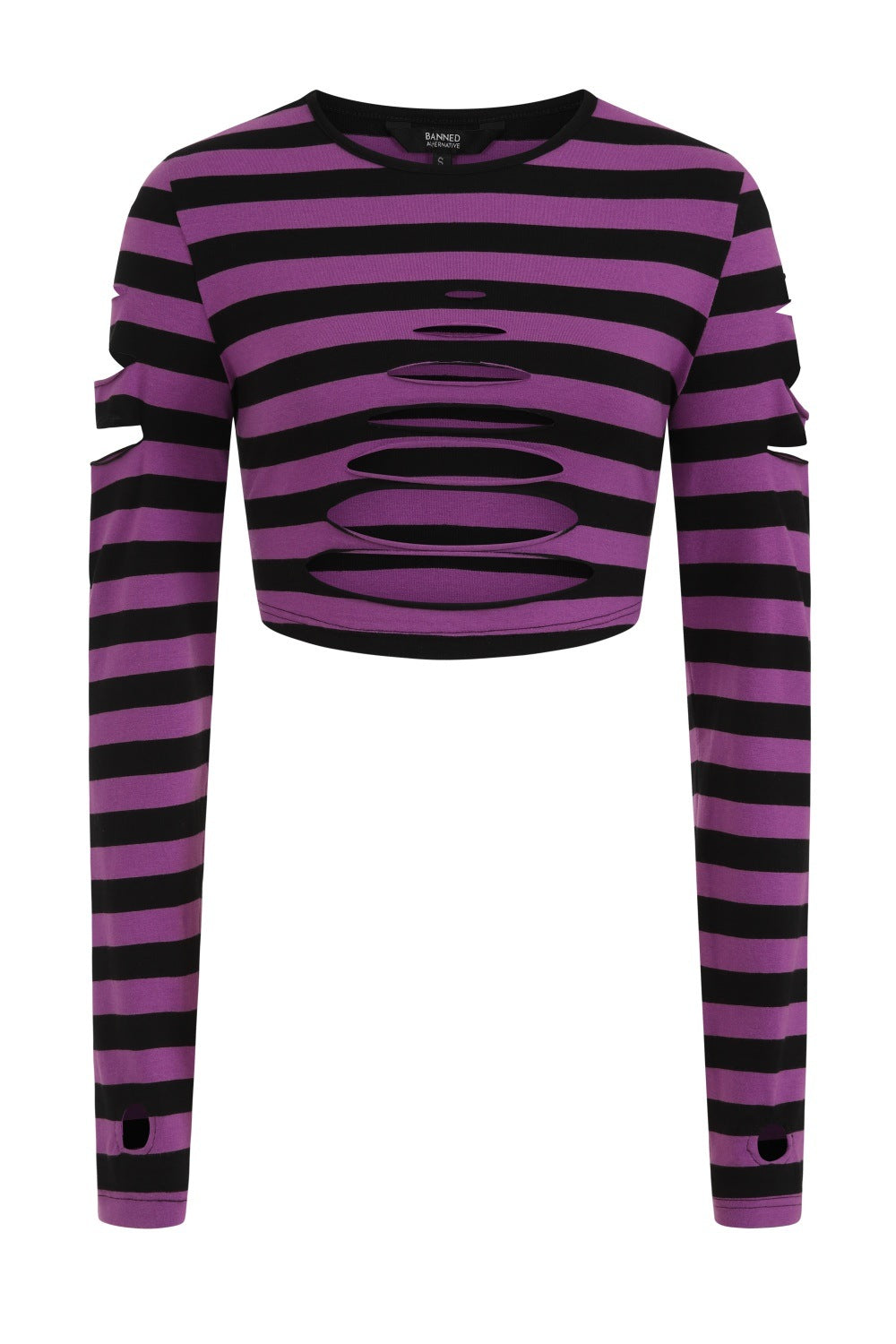 Purple and black stripe crop top with rip designs, long sleeves and thumb holes