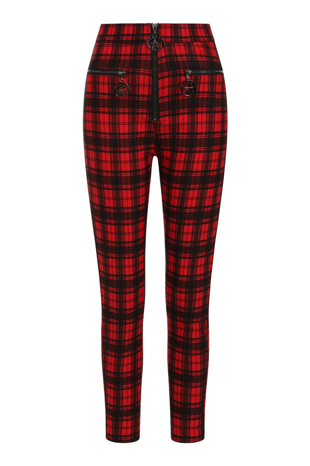 High waisted trousers in red tartan with zip front and pentagram zip details