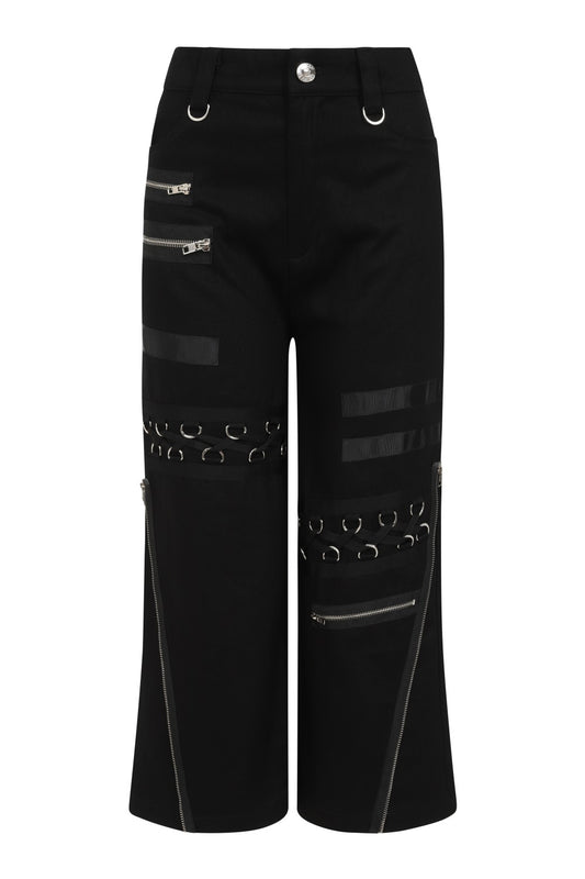 Baggy black trousers with zip and buckle features