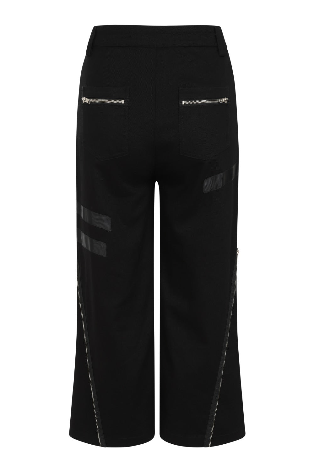 Baggy black trousers with zip and buckle features