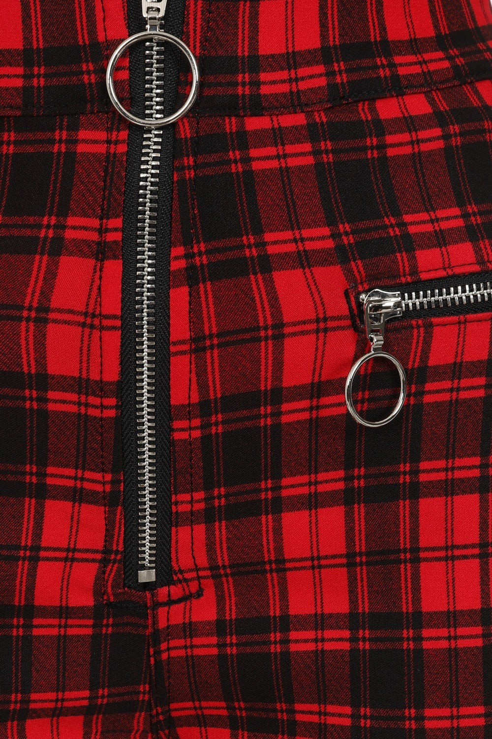 High waisted red check trousers with zip details on legs