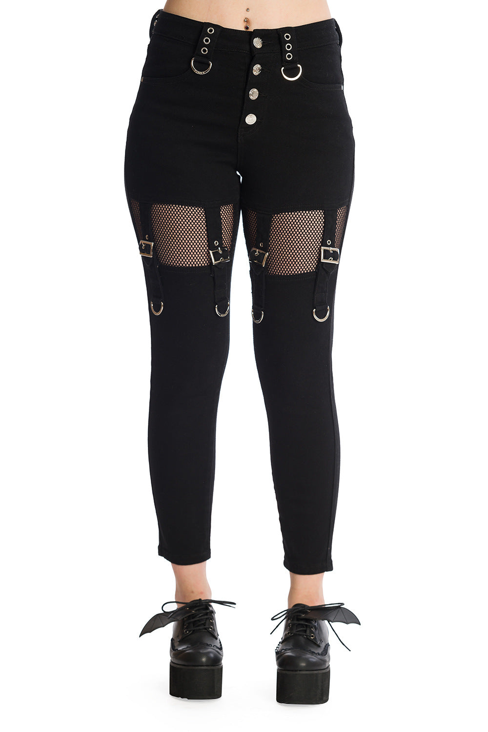 Mid rise black trousers with black mesh cut outs on the thighs and strap details 