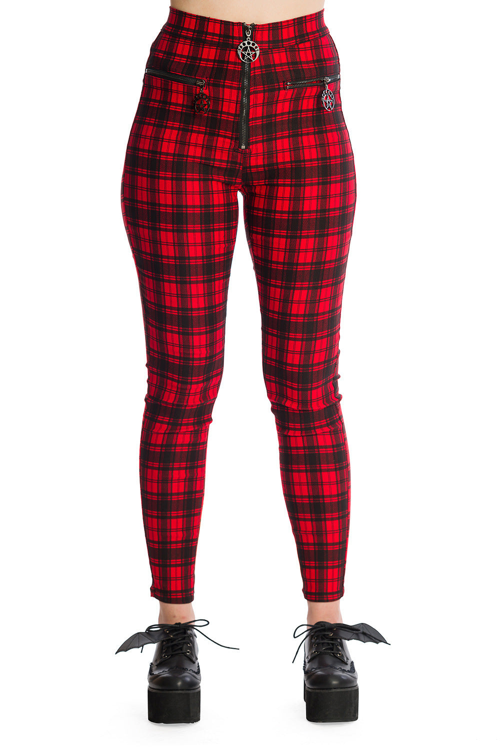 High waisted trousers in red tartan with zip front and pentagram zip details 