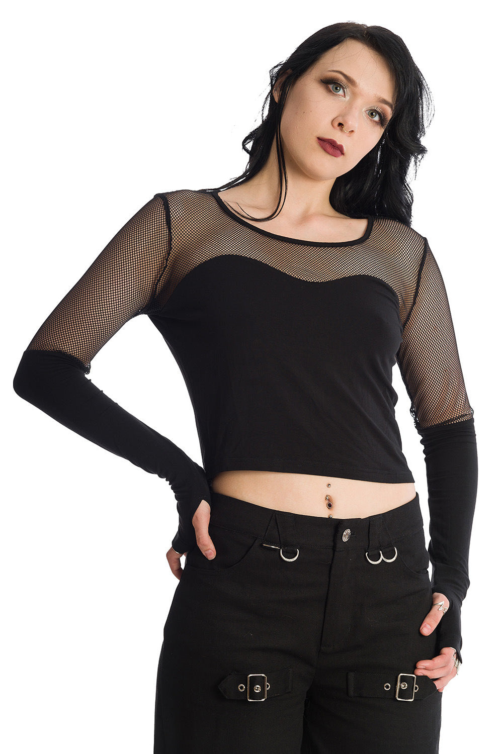 Grunge model wearing mesh long sleeve top with thumb holes in black