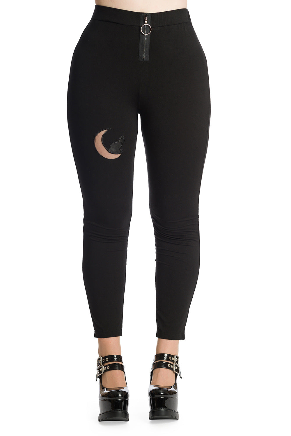 High waist black leggings with mesh moon and cat on one leg 