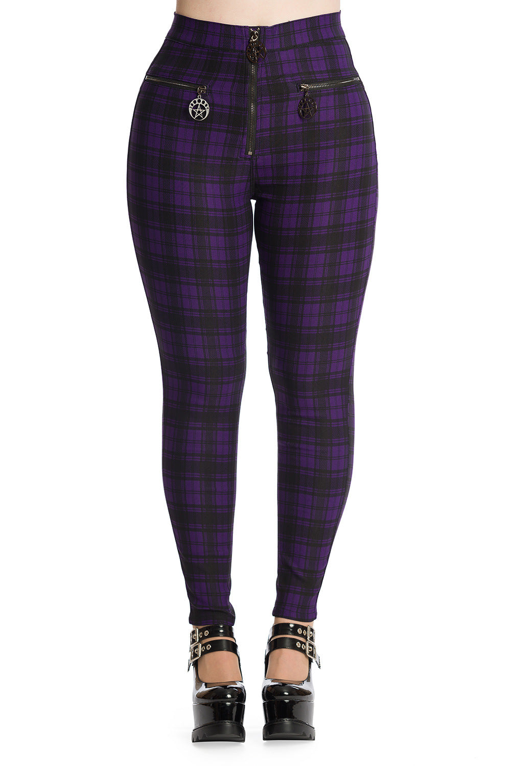 High waisted trousers in purple tartan with zip front and pentagram zip details 