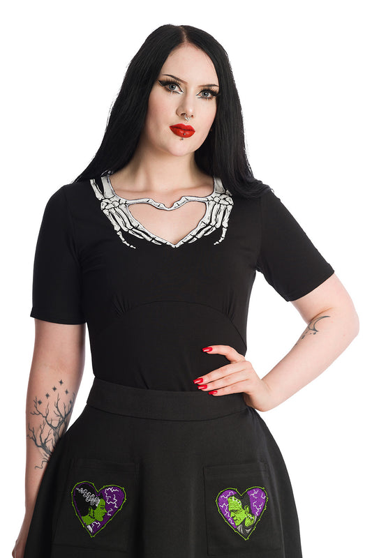 Banned Alternative Skeleton Hands Heart Keyhole Cutout Top