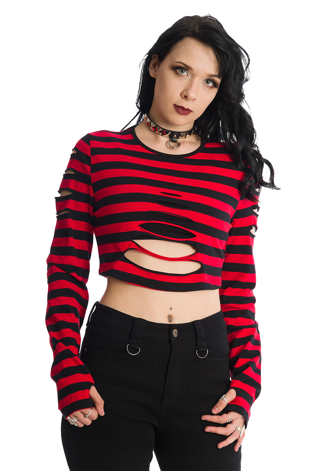 Chantrea Red and Stripe Rip Long Sleeve Crop Top Alternative with Thumb holes by Banned Alternative – Banned Alternative