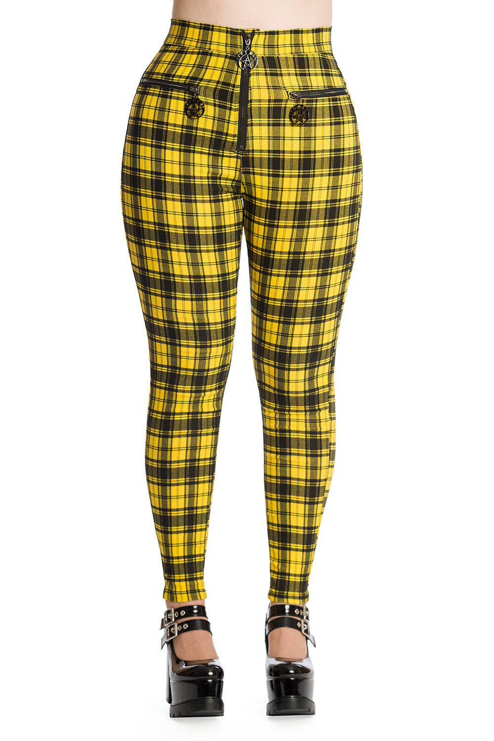 High waisted trousers in yellow tartan with zip front and pentagram zip details 