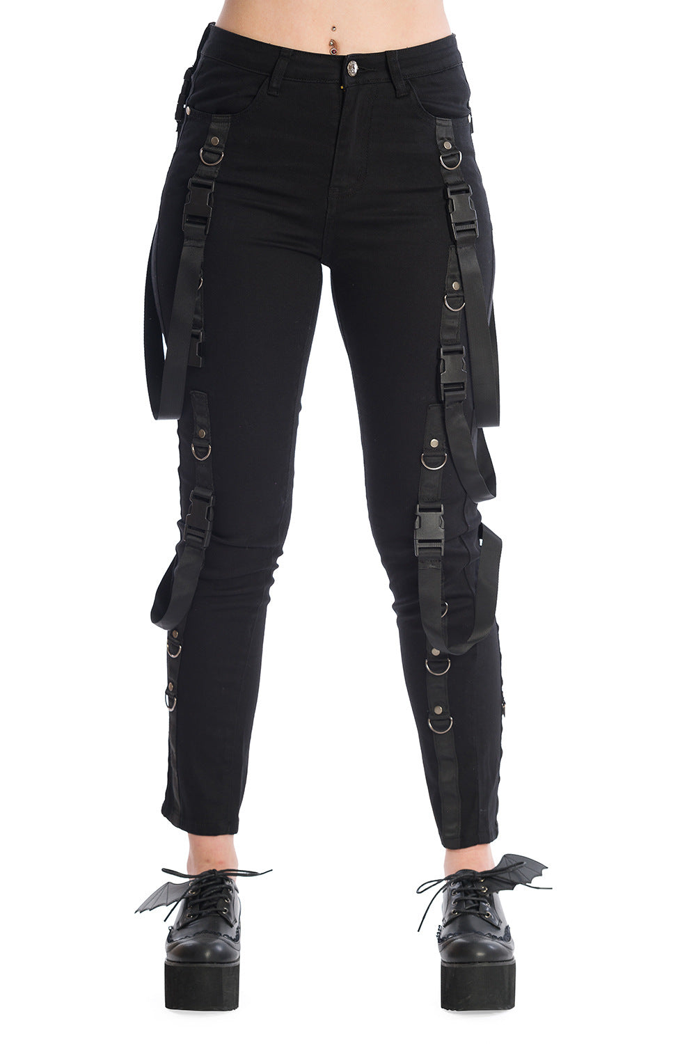 Skinny fit trousers with straps and buckle features 