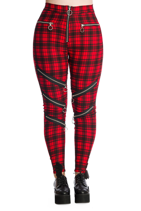 High waisted red check trousers with zip details on legs