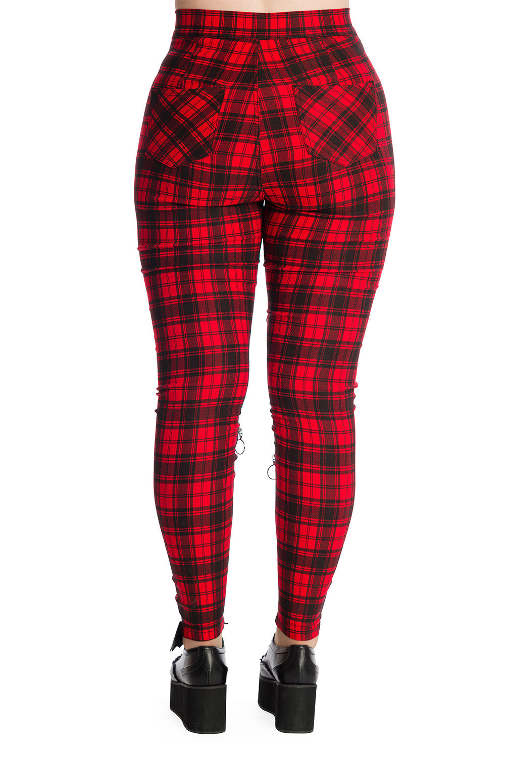 High waisted red check trousers with zip details on legs