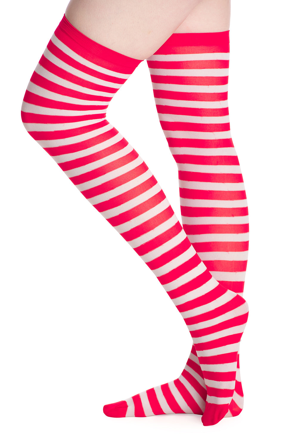 Side view of red and white stripe thigh high socks 