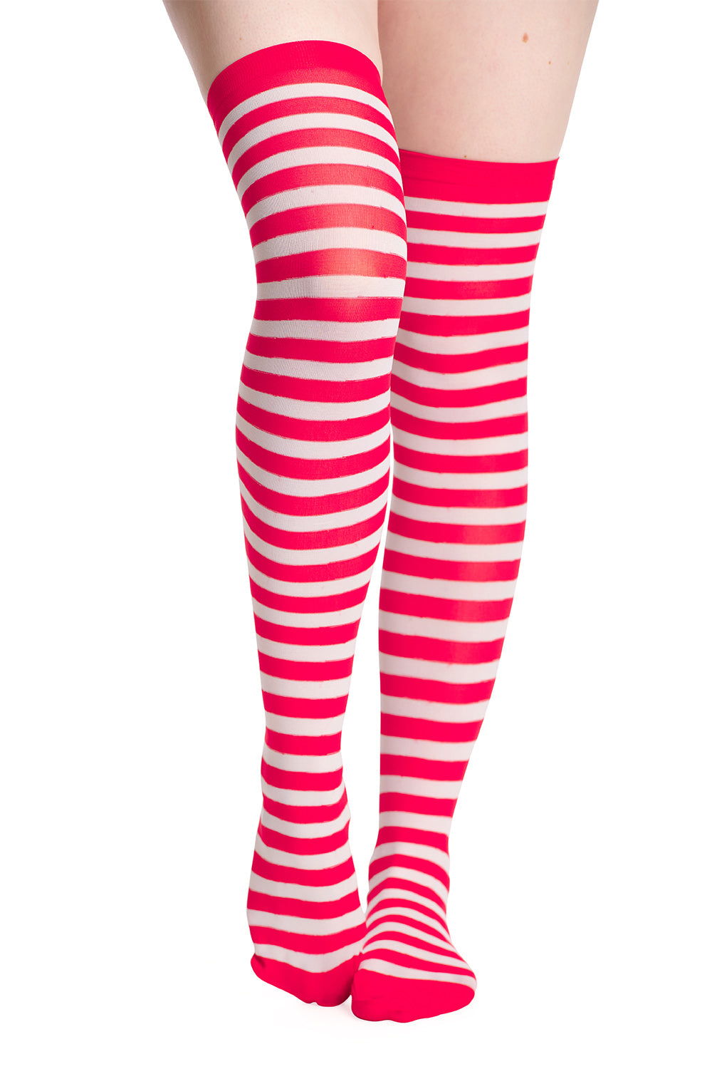 Model wearing red and white thigh high striped socks 