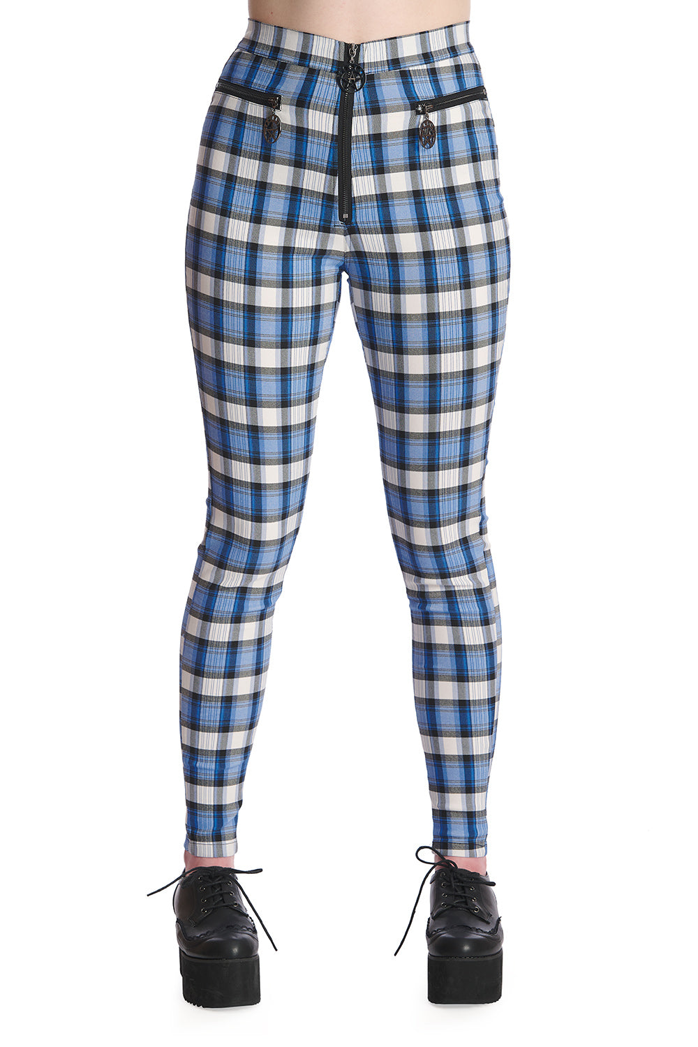 High waisted blue and white tartan trousers with front zip and pentagram pendants 