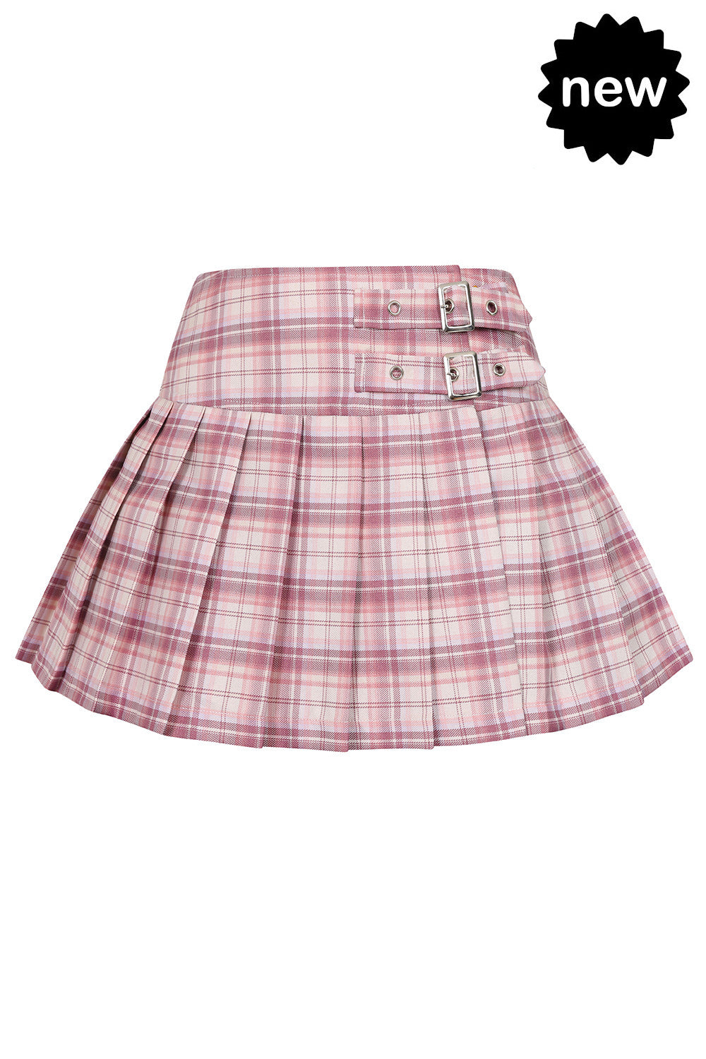 Pink tartan mini skirt with buckles 