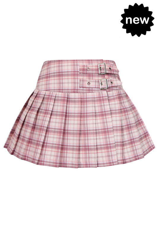 Pink tartan mini skirt with buckles