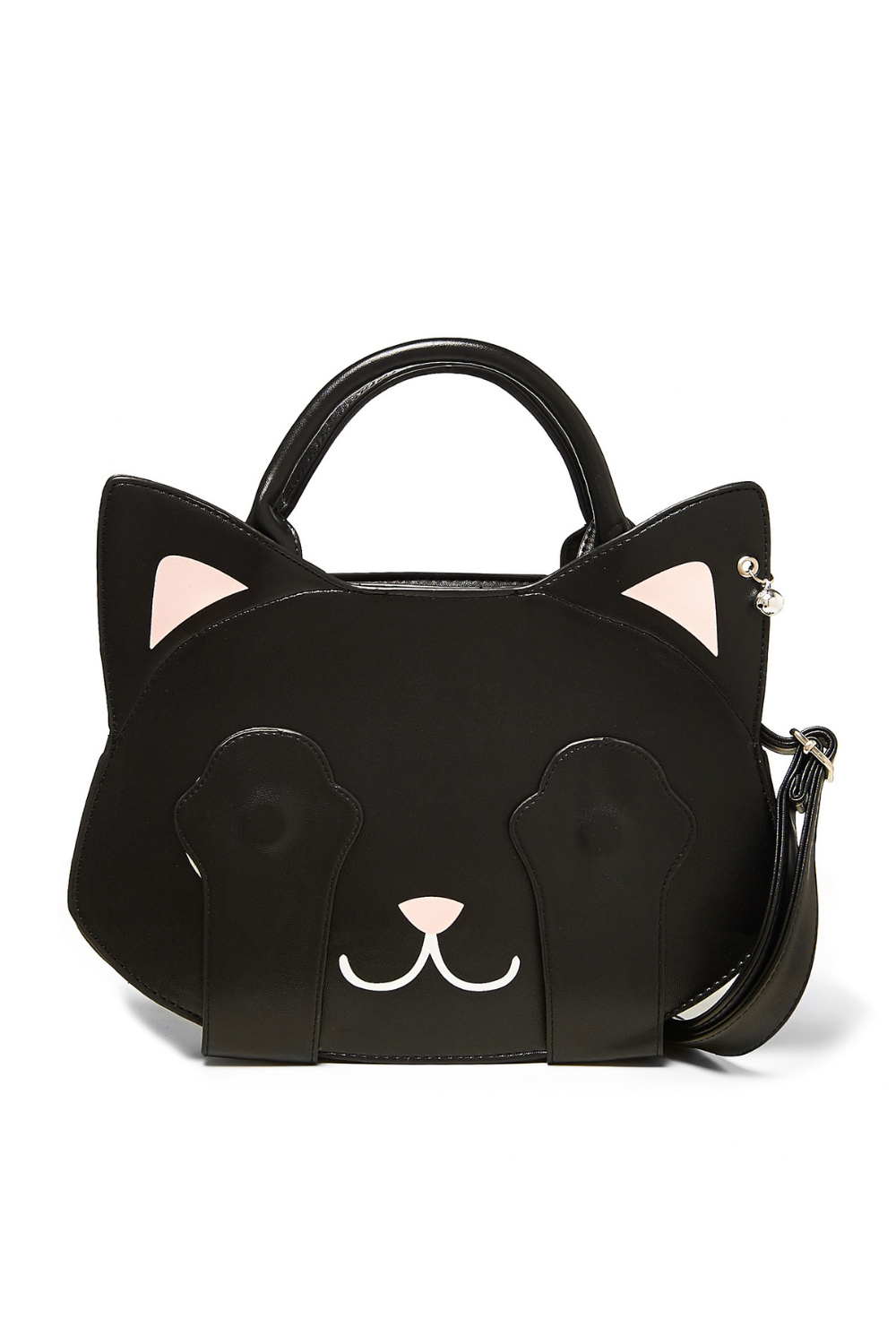 Black cat shaped handbag with extended paws hiding eyes