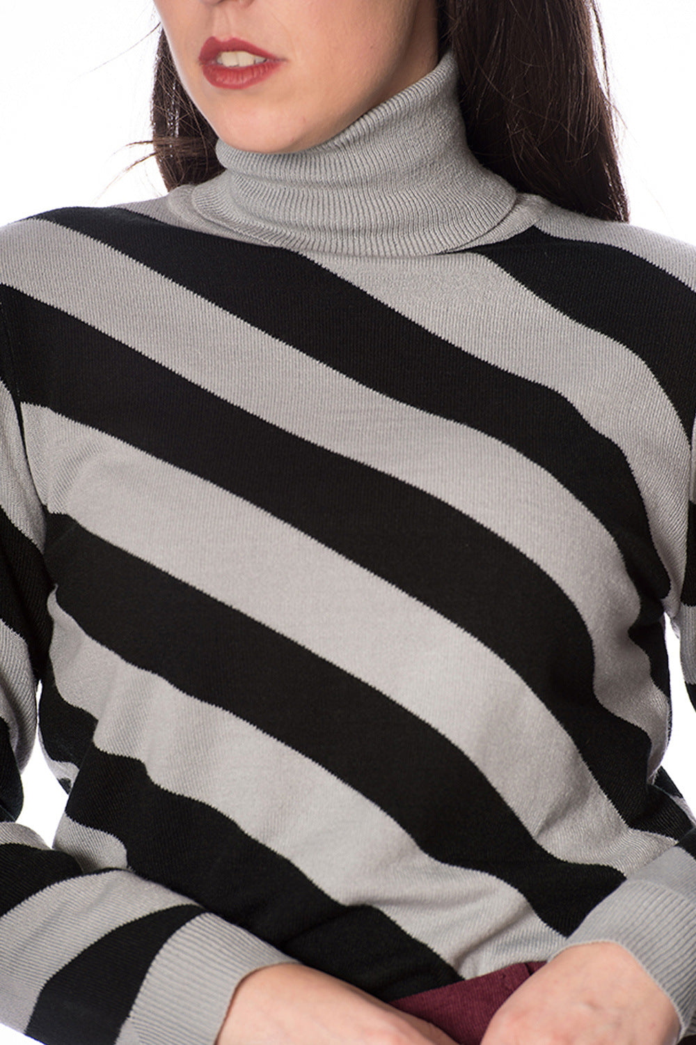 Retro model in grey and black striped turtle neck