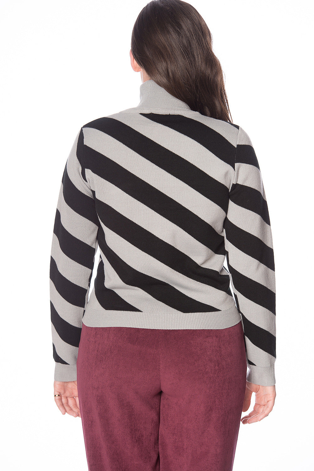 Retro model in grey and black striped turtle neck