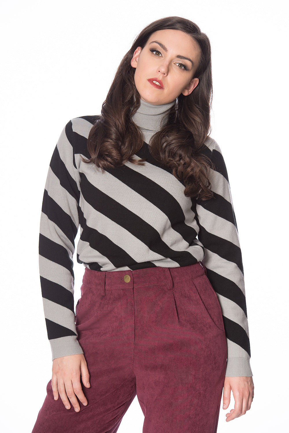 Retro model in grey and black striped turtle neck