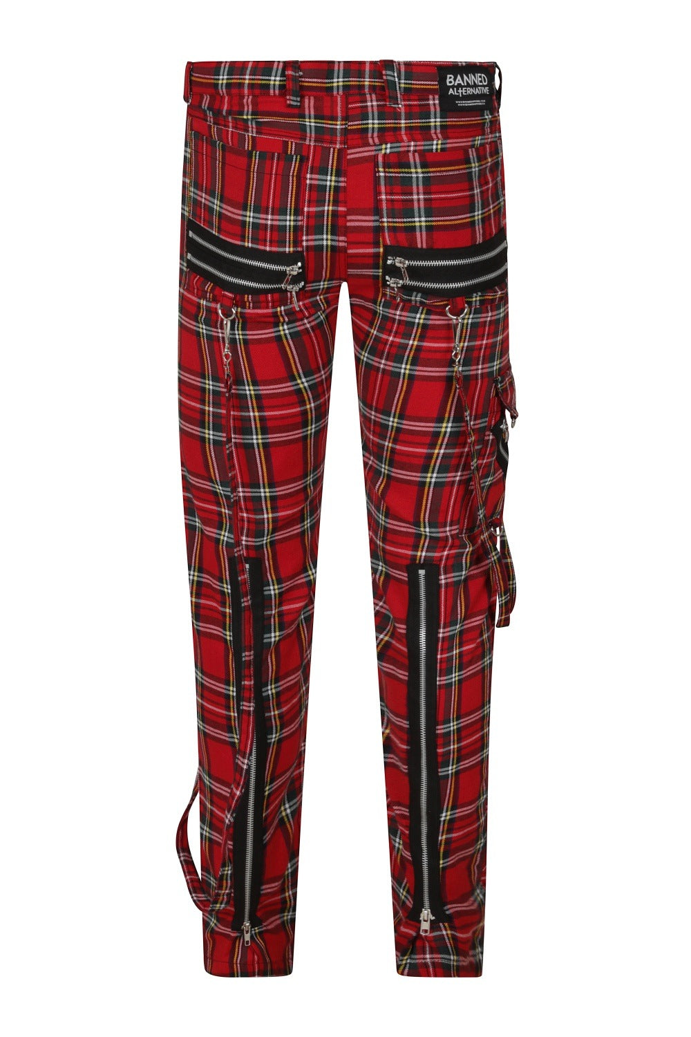 Back of red tartan trousers with strap and zip details 