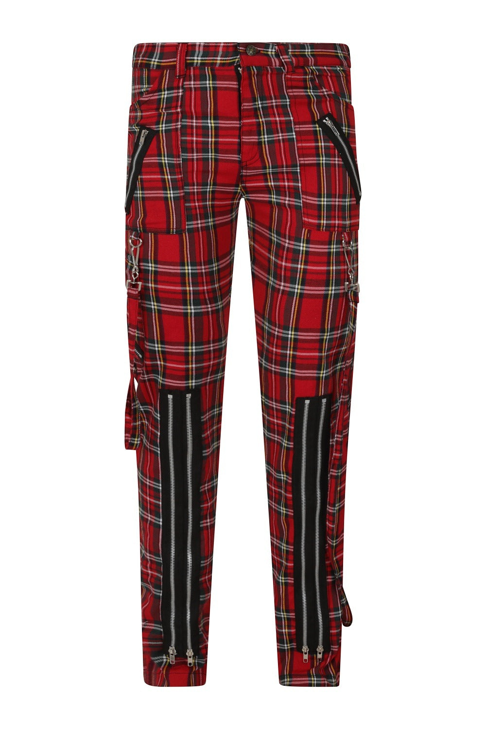Front of red tartan trousers with strap and zip details