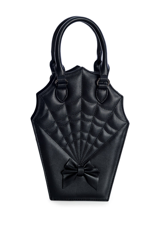 Black quilted coffin shaped handbag with spiderweb and bow