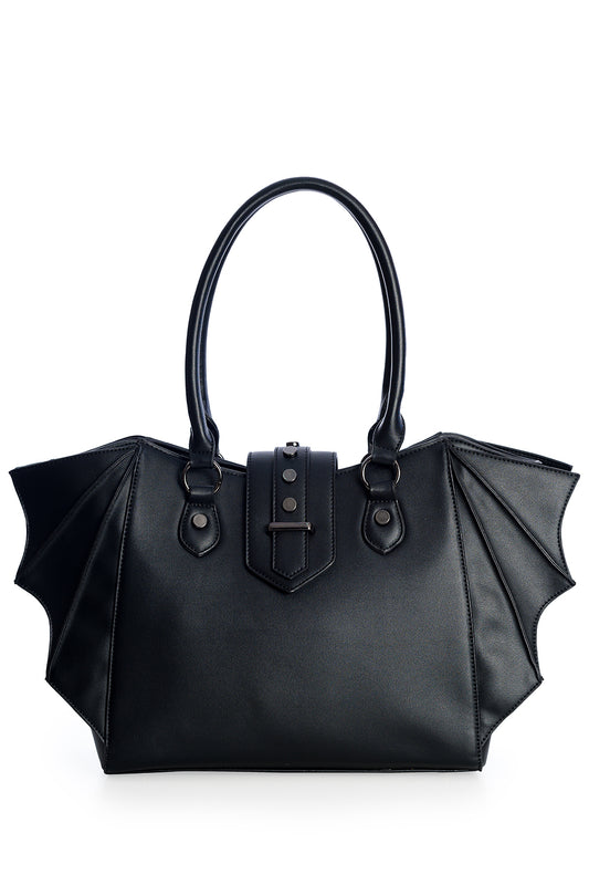 Black handbag with bat wing style side