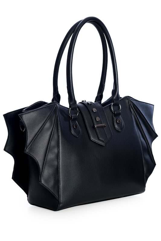 Black handbag with bat wing style side