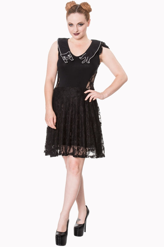 Model wearing black a line dress with lace skirt and cat detail collar