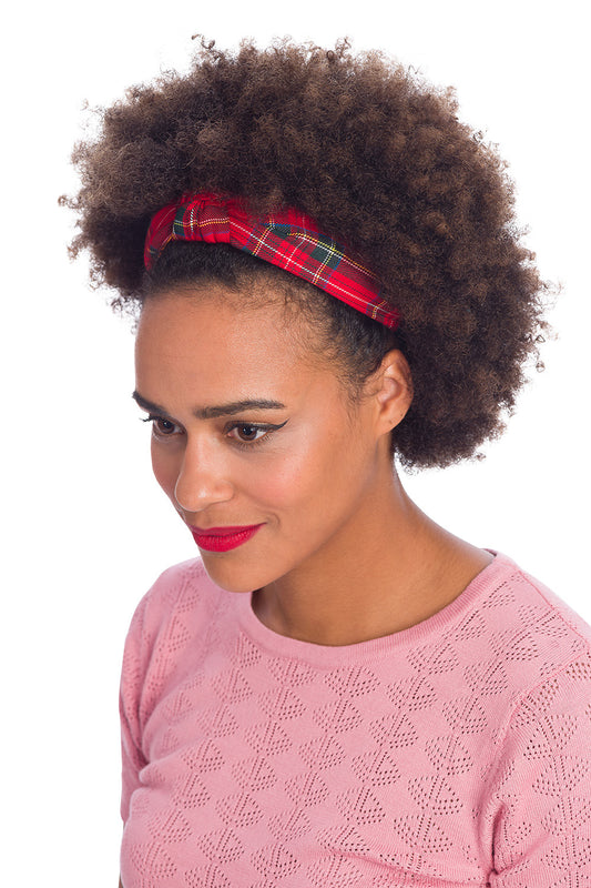 Model wearing red tartan headband