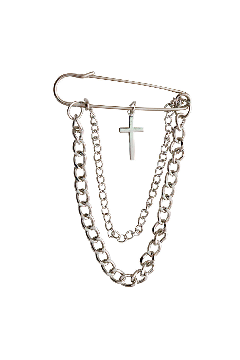 Safety pin brooch with chains and cross charm