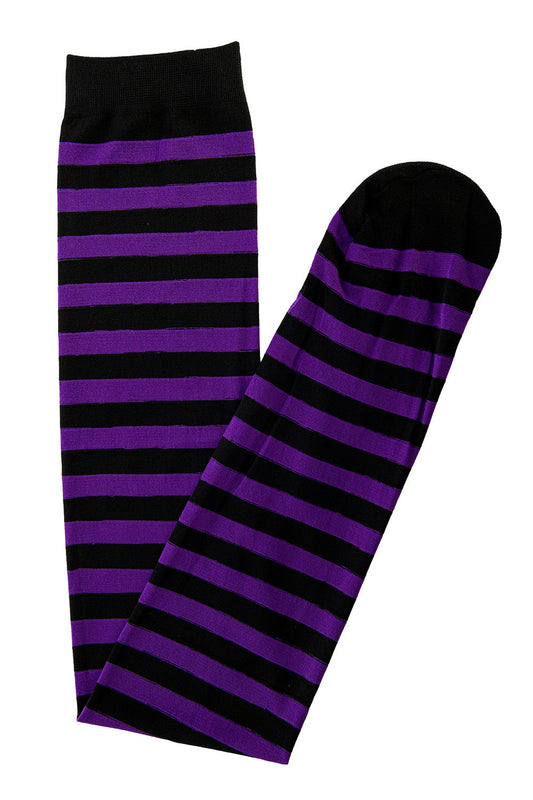 Flat lay of black and purple stripe thigh high socks 