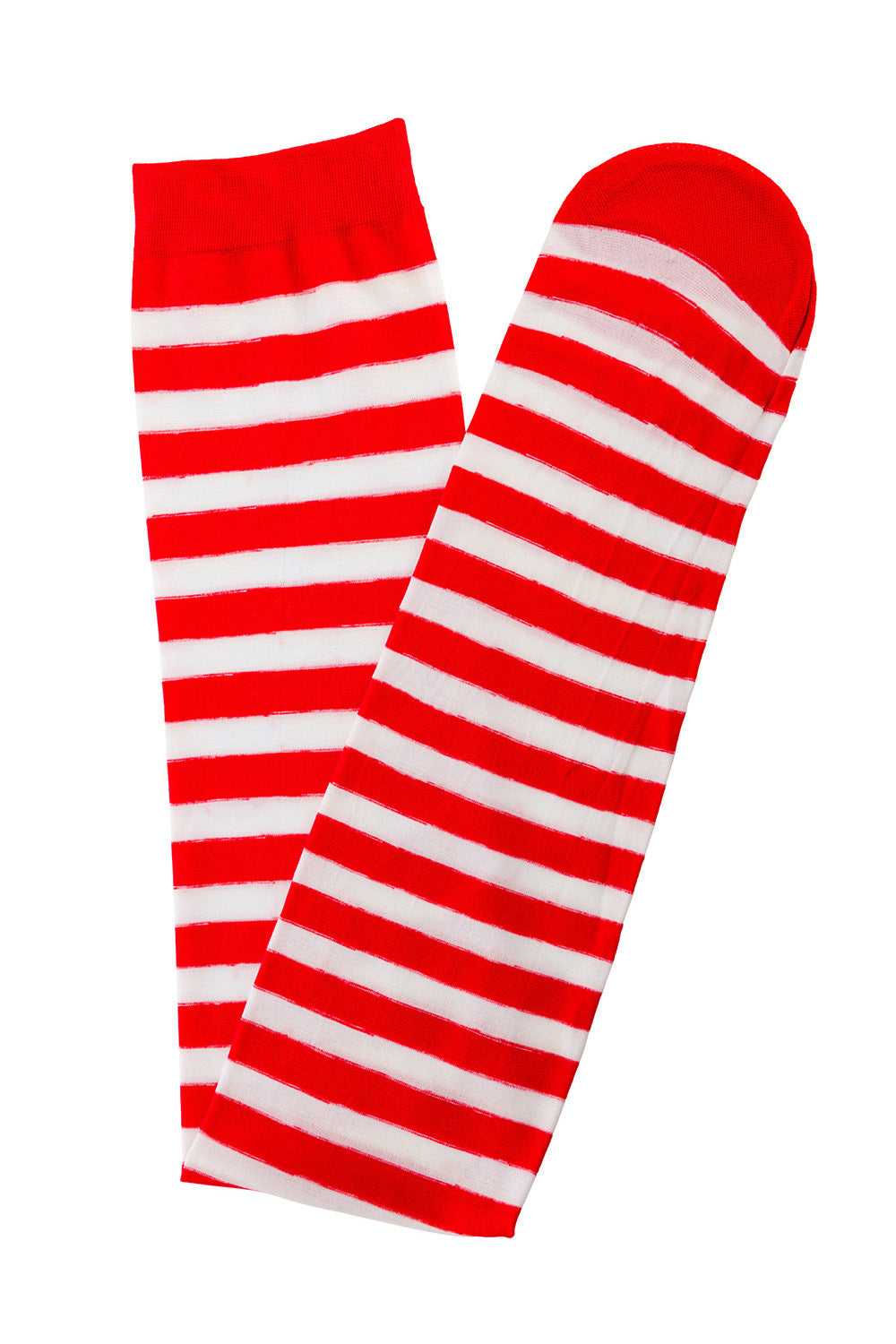 Flat lay of red and white stripe thigh high socks 