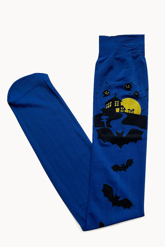Flat lay of blue over the knee socks with haunted house print 
