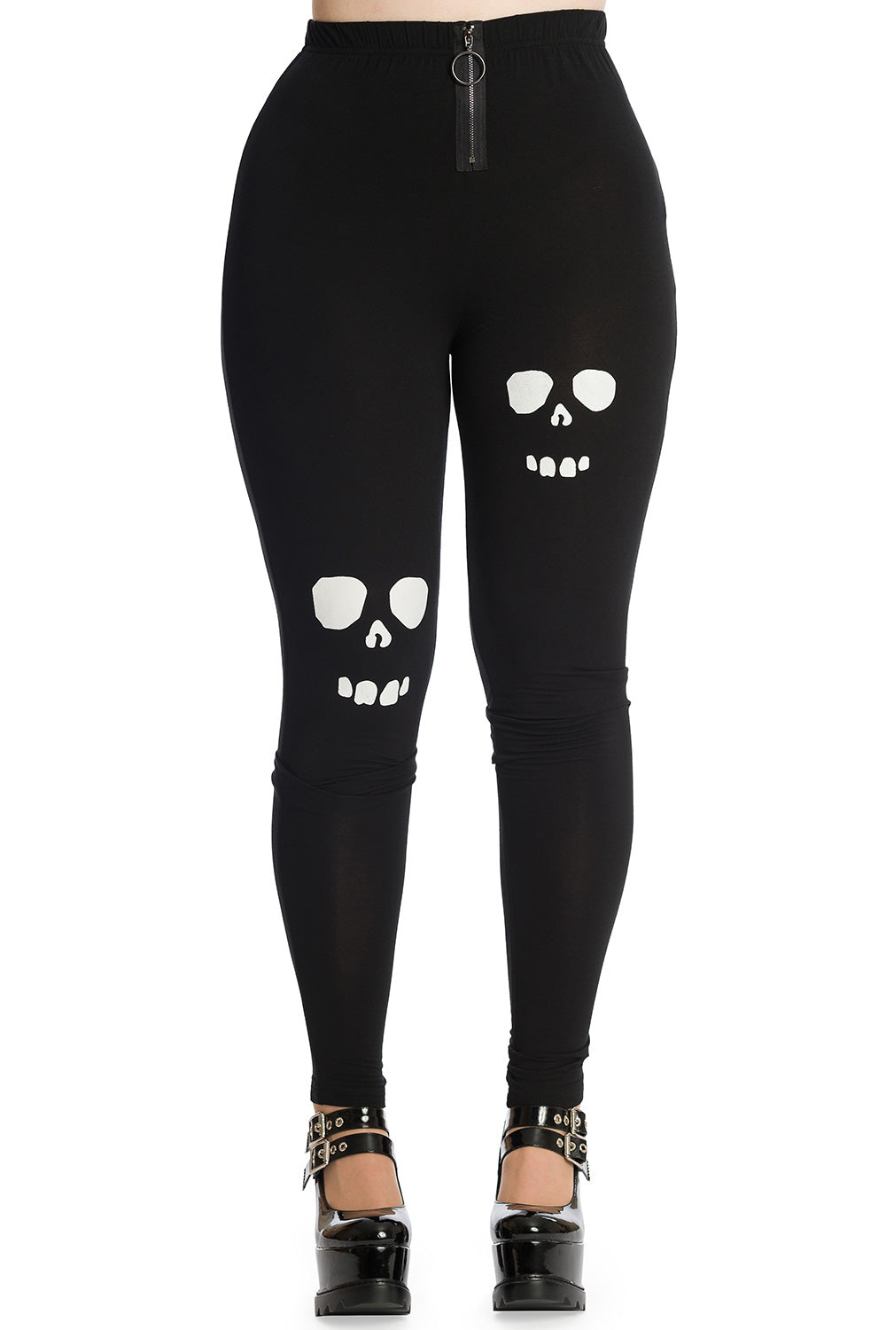 High waisted black leggings with zip front and dark soul inspired face motifs 