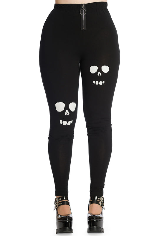 High waisted black leggings with zip front and dark soul inspired face motifs 