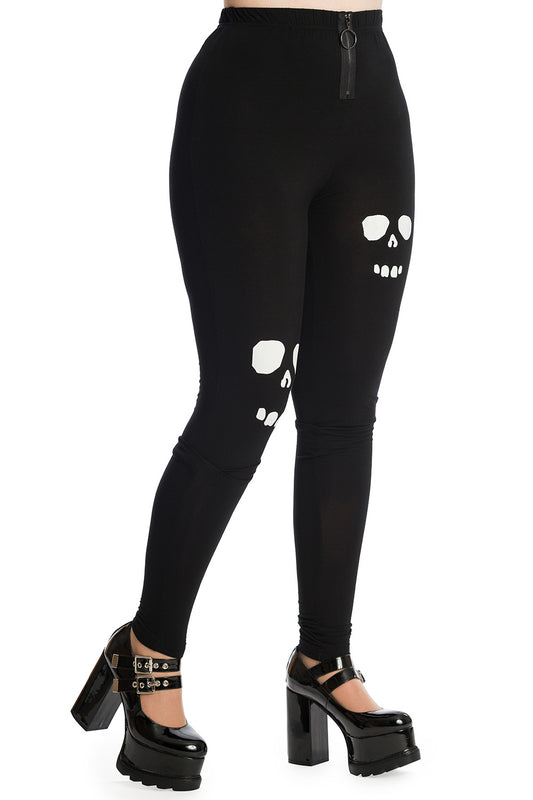 High waisted black leggings with zip front and dark soul inspired face motifs