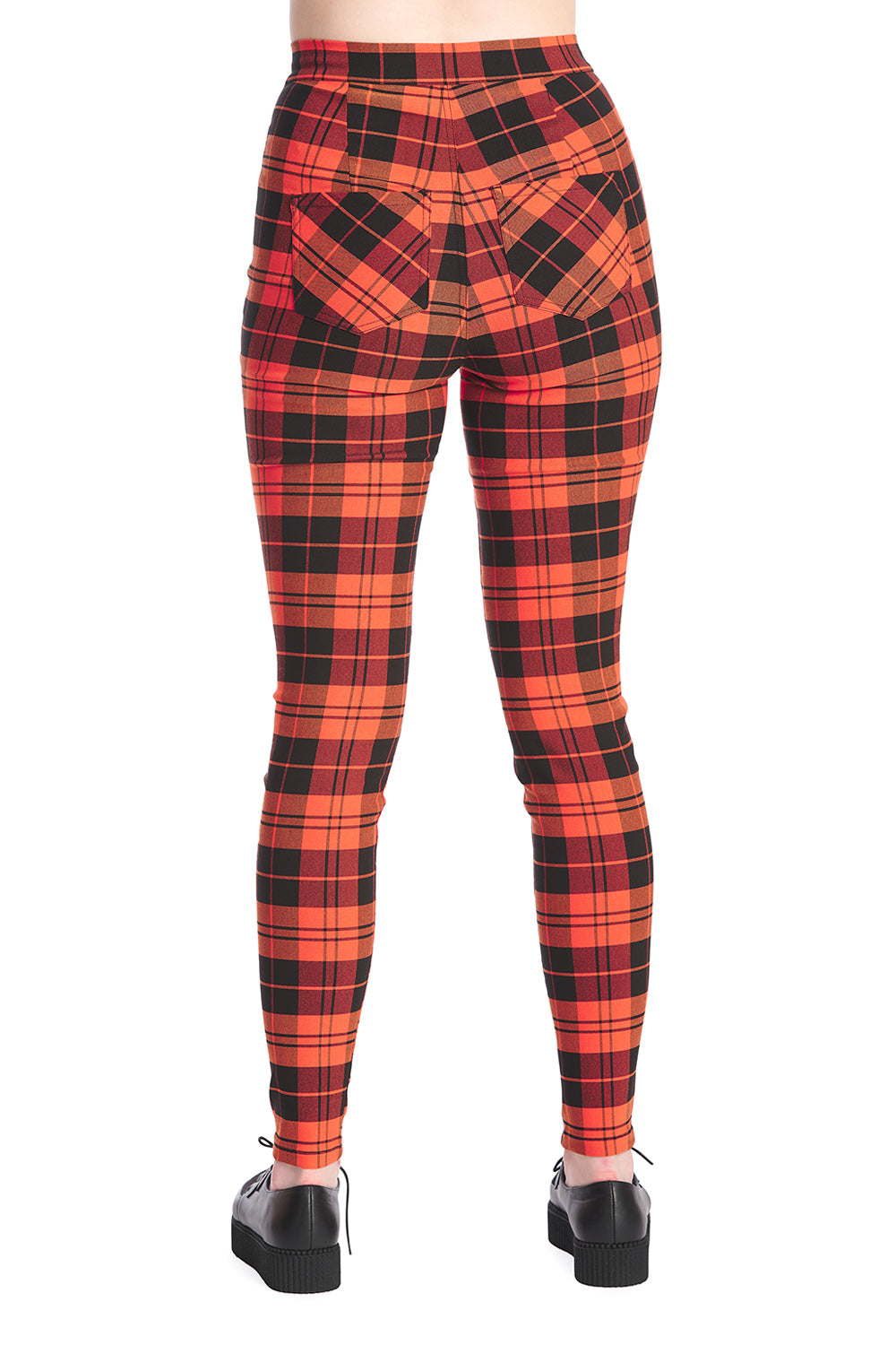 High waisted black and orange tartan trousers with front zip and pentagram pendants