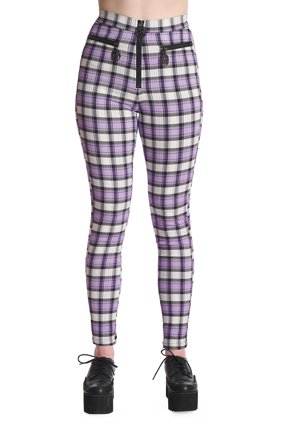High waisted purple and white tartan trousers with front zip and pentagram pendants