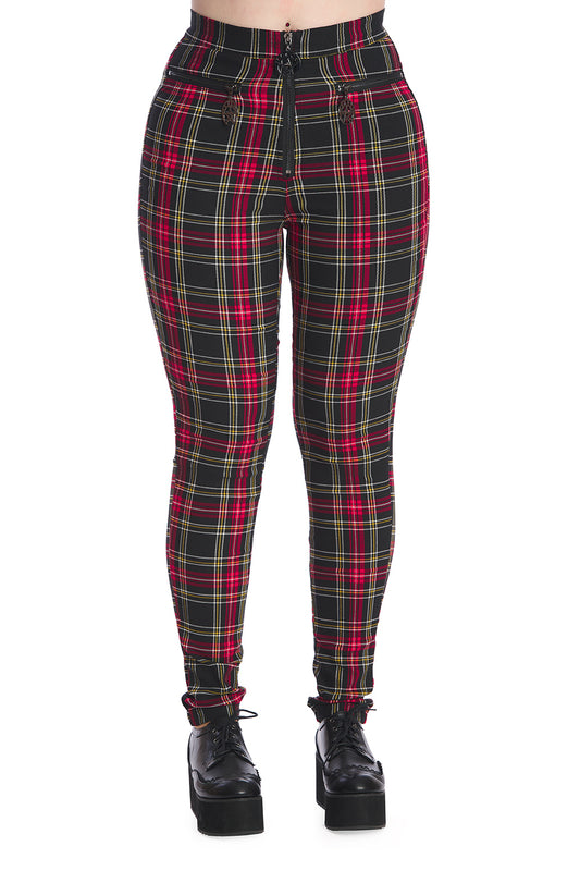 High waisted red,green and black tartan trousers with front zip and pentagram pendants 