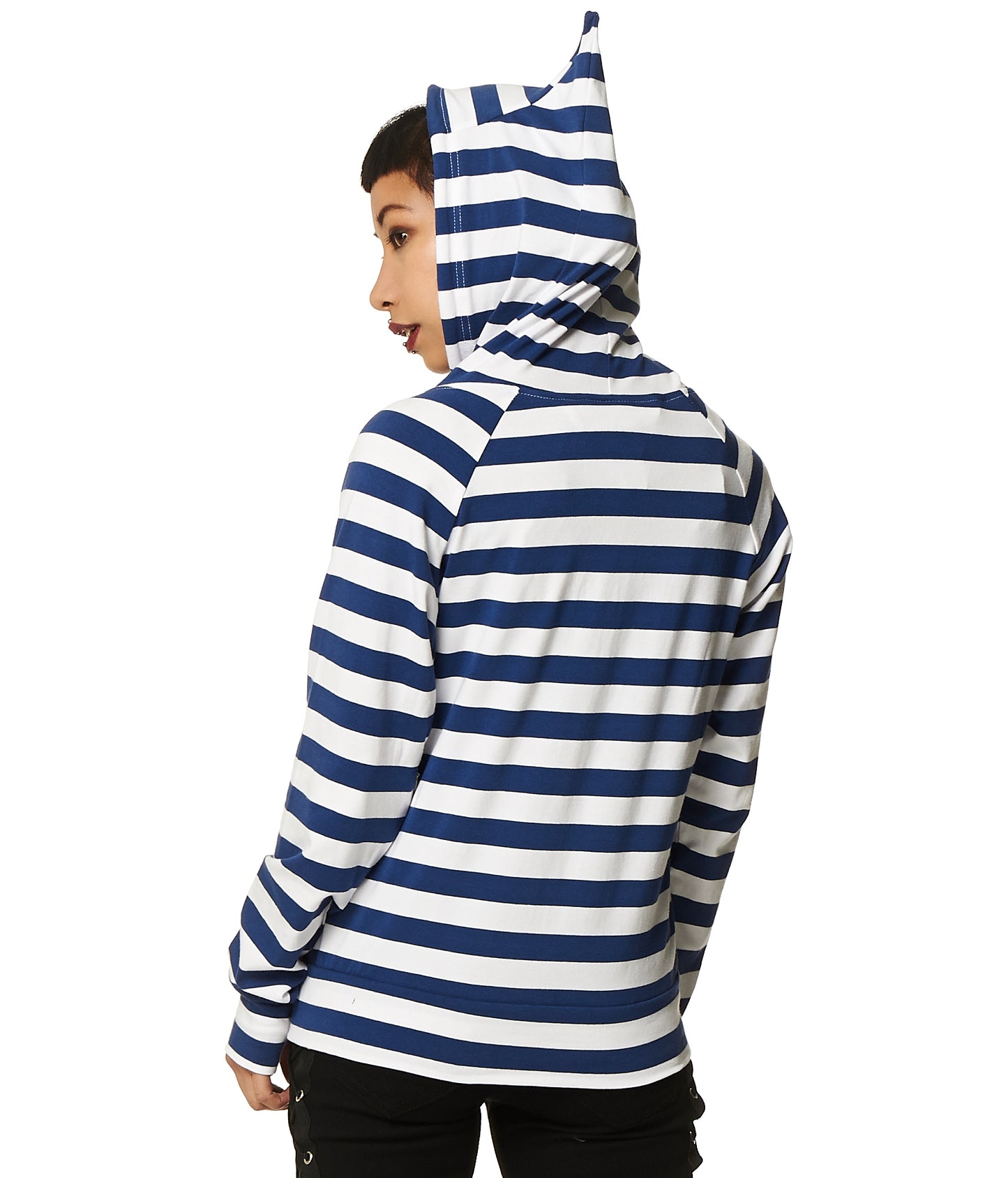Model wearing a blue and white stripes zip up hoodie with cat ears on the hood and thumb holes in the sleeves