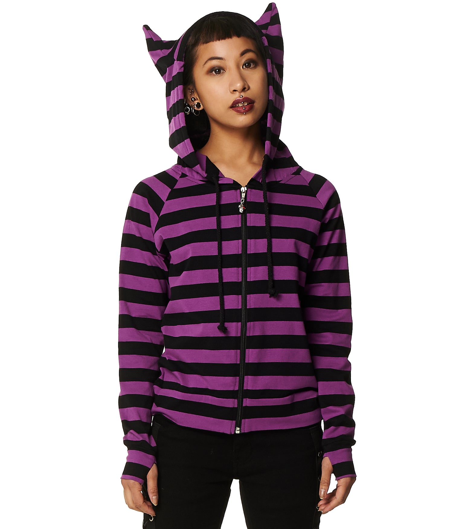 Model wearing a purple stripes zip up hoodie with cat ears on the hood and thumb holes in the sleeves